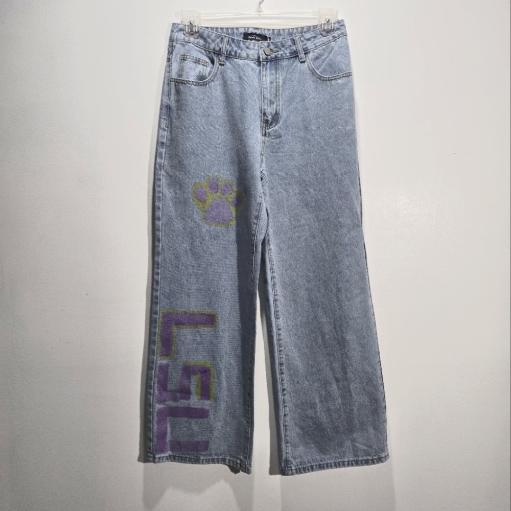 NEW Wide Leg Blue Jeans with Purple LSU Tigers Fan Alumni Student Accents 8